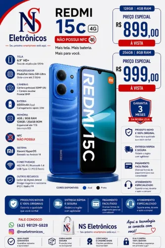 Smartphone 15C Dual SIM 128GB 4GB RAM Tela 6.74" 50MP Preto - Versão Global - Redmi15C