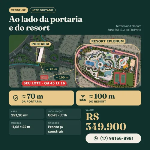 TERRENO EPLENUM - Ao lado portaria e resort 