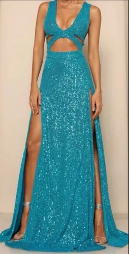 Vestido Paetê Azul Longo Dot Clothing