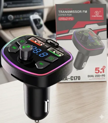 Transmissor FM Bluetooth Kapbom KA-C170 USB + USB-C PD 5.1A Novo