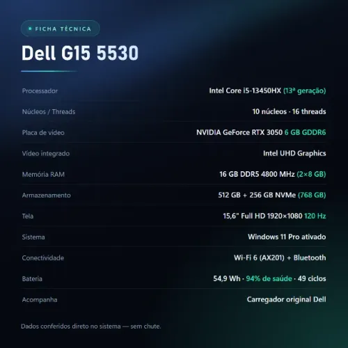 Notebook Gamer Dell G15 5530 i5-13450HX RTX 3050 16GB DDR5 768GB SSD 120Hz