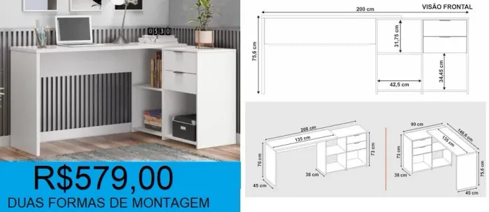 Escrivaninha em L duas gavetas - compre hoje e receba em até 72h 