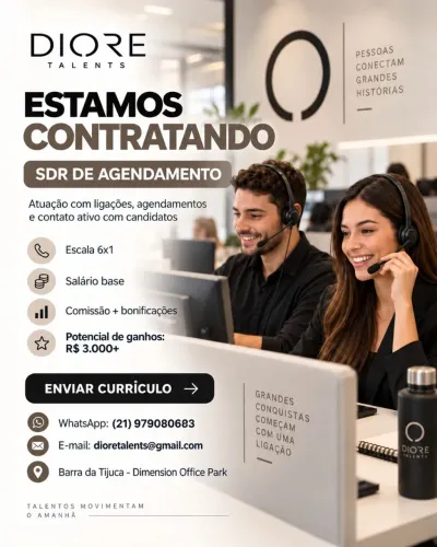 SDR de Agendamento | Salário + Comissão + Bonificações<br>