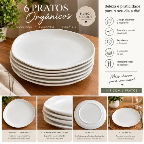 6 pratos rasos modelo orgânico novos