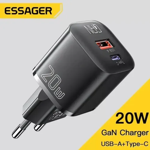 Carregador iPhone Samsung XiaoMi Essager 20W GaN USB/USB-C