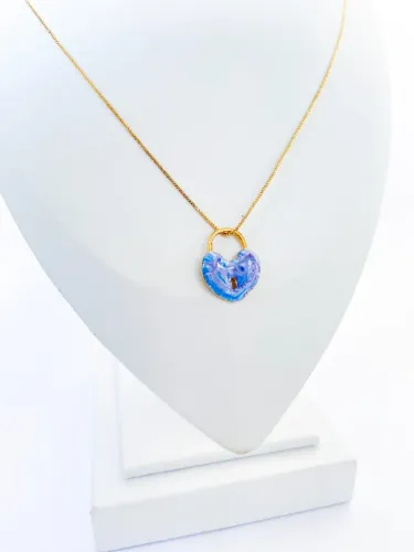 Colar Veneziana com Pingente Coração Cadeado Azul Semijóia - Banho Ouro 18k