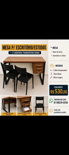 Mesa de escritório ou estudos c/ 2 cadeiras tramontina