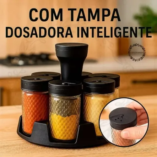 Porta Temperos Giratório 360° com 6 Potes de Vidro, Tampa Preta e Base 