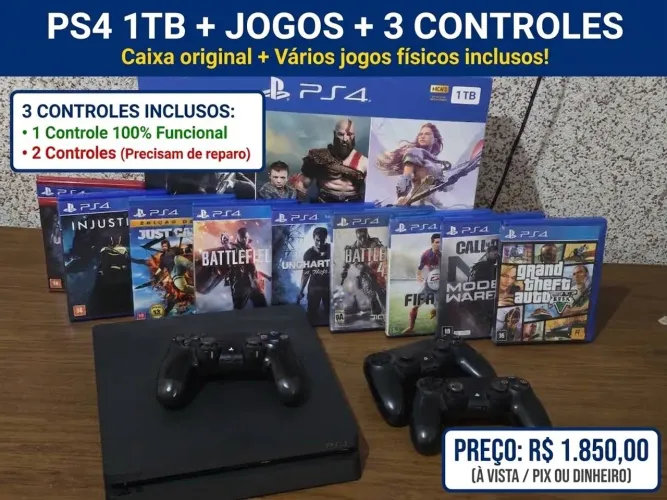 PlayStation 4 1TB + Caixa + Vários Jogos Físicos + 3 Controles - Desapego / Mudança