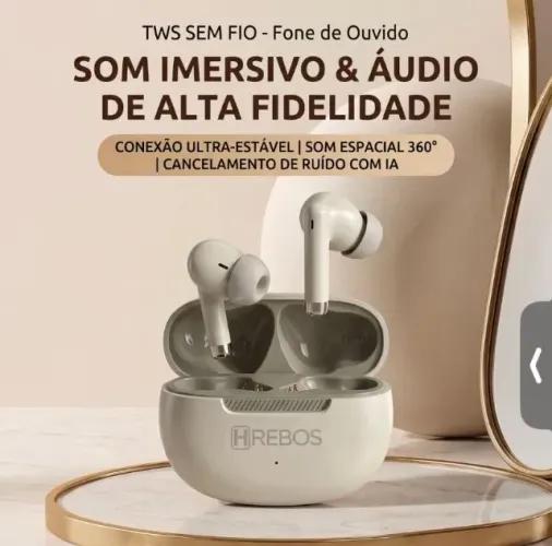 Fone de ouvido bluetooth TWS Hrabos EB-400 PureSound Áudio Hifi, Redução de Ruído.