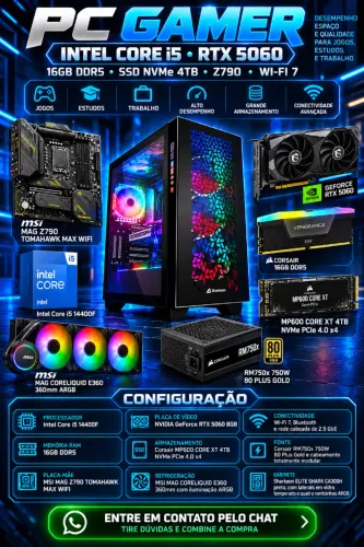 PC Gamer Intel Core i5 RTX 5060 16GB DDR5 SSD NVMe 4TB Z790 Wi-Fi 7