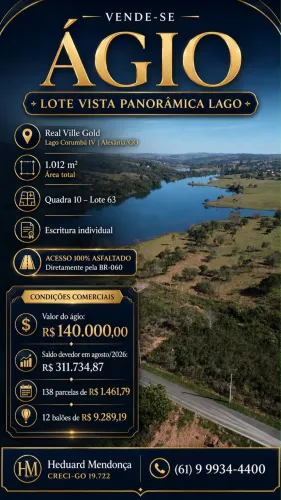 Vendo ágio de lote com vista livre e permanente para o lago Corumbá IV - Real Ville