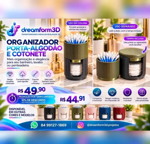 Organizador Porta-Algodão e Cotonete 3D com Tampa - Dreamform3D