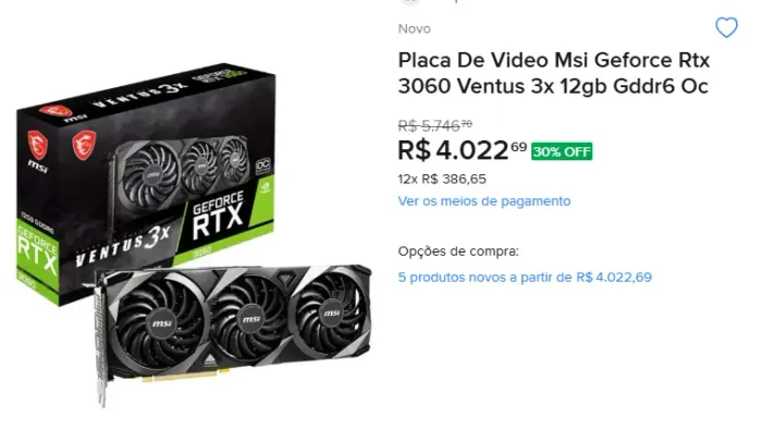 Placa De Video Msi Geforce Rtx 3060 Ventus 3x 12gb Gddr6