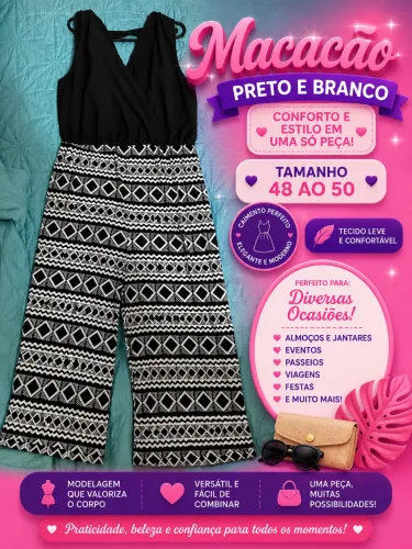 Macacão longo preto e branco tamanho 48