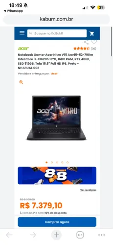 Notebook gamer Acer nitro v15