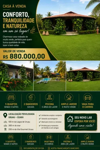 Belíssima casa no uruau com 05 quartos