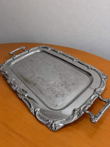 Bandeja Antiga Espessurada à Prata 44cm - Alças Ornamentadas