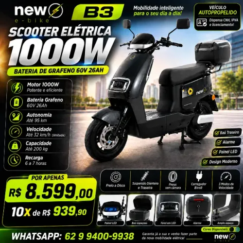 Scooter Elétrica New E-Bike B3 1000W Grafeno 60V 26Ah Autonomia Até 95km