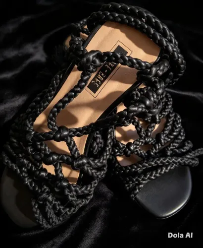 Sandália Feminina Preta Trançada Em Cordas Estilo Flatform