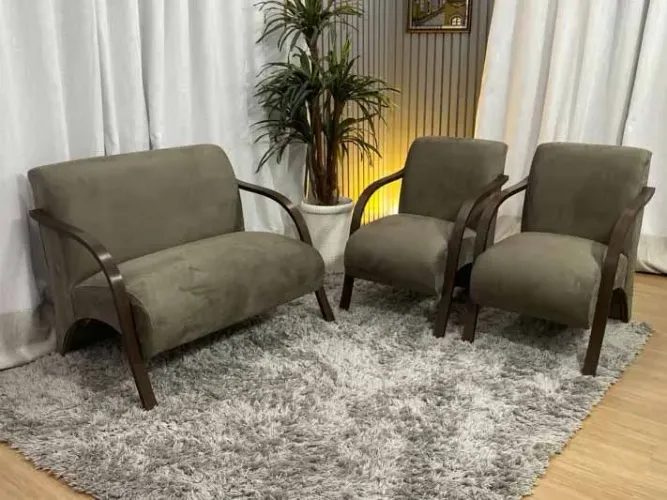 Conjunto de Poltronas 2x1x1 Lugares Cappuccino Braço Madeira