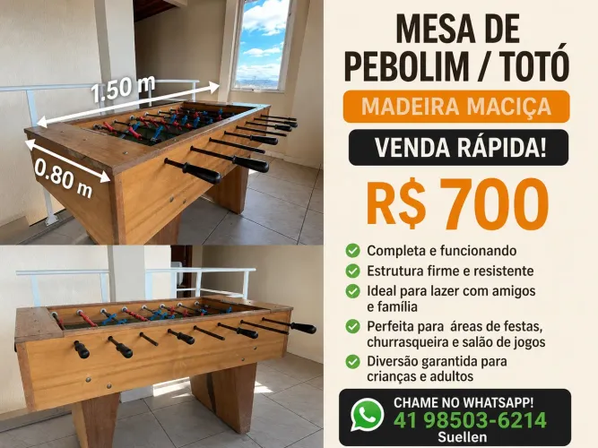 Mesa de Pebolim Totó Madeira Maciça 1,50m Completa