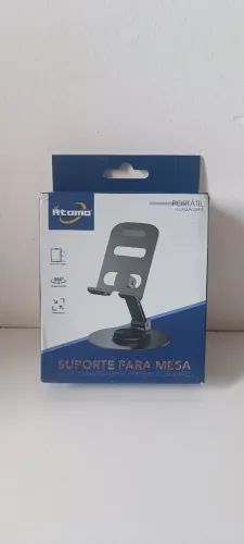 suporte de mesa metálico e dobrável da marca Átomo para celulares e tablets na cor preta