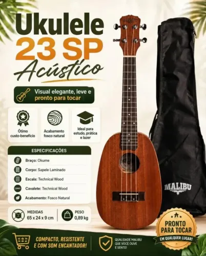 Ukulele Acustico Malibu Abacaxi 23sp Sapele Concerto C/ Capa Cor Marrom