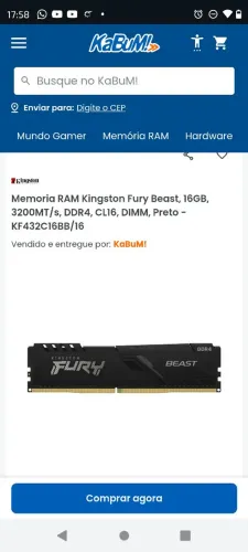Memória RAM Kingston 16GB DDR4 3200MHz Gamer