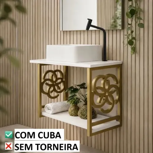 Balcão Banheiro Suspenso com Cuba Estilo Industrial 50cm com Dourado