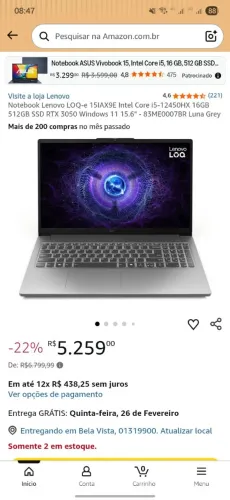 Notebook seminovo Gamer Lenovo LOQ rtx3050