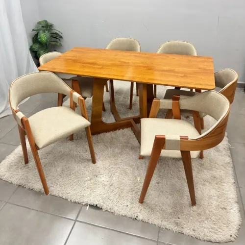 Mesa de Jantar Dubai Flex 160x80cm Sem Vidro e 6 Cadeiras Perola em Linho Madeira Cel Móve