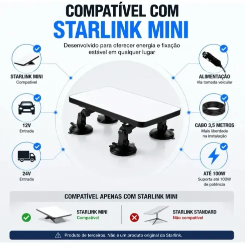 Suporte para Starlink com 4 ventosas +Cabo Starlink 1 entrada