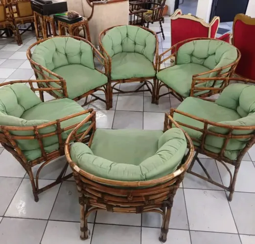 Jogo com 6 poltronas em Bambu com tecido verde