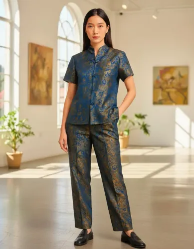 Conjunto De Seda Calça E Blusa Oriental Floral Azul Dourado