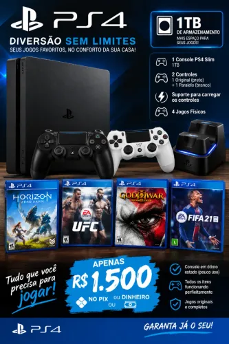 Playstation 4 - 1 TB + 2 controles + 4 jogos