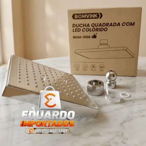 Ducha Quadrada com LED Colorido para Chuveiro (muda as Cores com a força, pressão da Água)