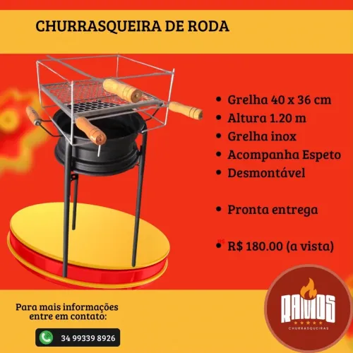 Churrasqueira de Roda com grelha de inox e espeto de inox