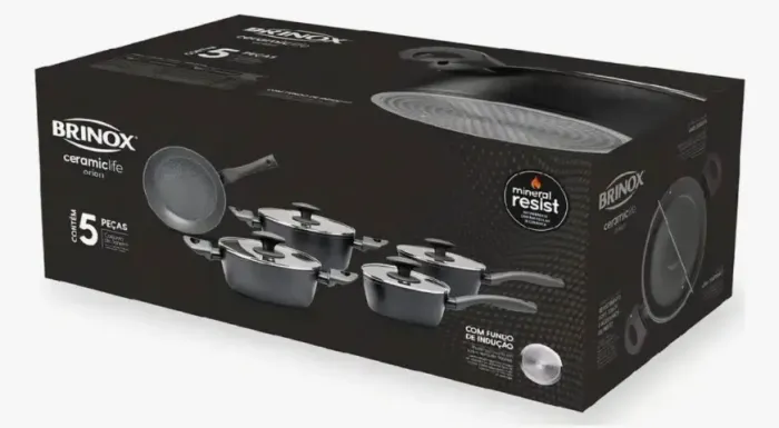 Jogo De Panelas Fogao Inducao Brinox Ceramic Life Orion 5pcs Cor Preto