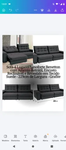 Sofá 4 Lugares Linoforte Benetton com Assento Retrátil, Encosto Reclinável e Revestido em