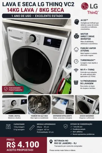 Lava e Seca LG ThinQ VC2 14kg/8kg | 1 Ano de Uso | Excelente Estado