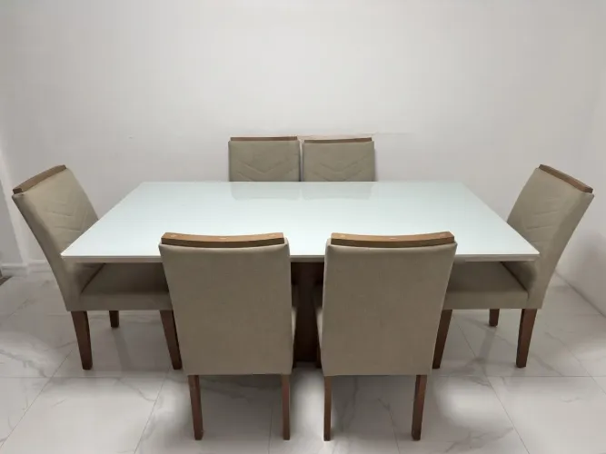 Mesa de Jantar com Tampo de Vidro + 6 Cadeiras (Madeira de Boa Qualidade)