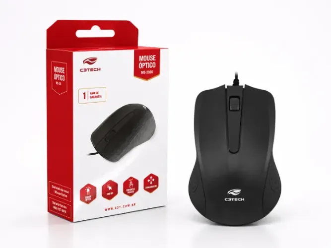 Mouse C3Tech MS-20BK USB Preto Novo | Óptico 1000 DPI | Garantia 1 Ano