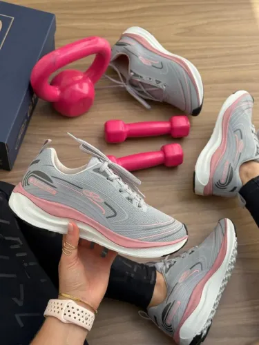 Tênis Olympikus Feminino Esportivo | Cinza e Rosa, Mesh Respirável