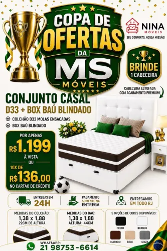 BOX BAÚ BLINDADO CASAL + COLCHÃO D33 MOLAS ENSACADAS + BRINDE 1 CABECEIRA