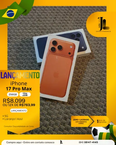 IPHONE 17 PRO MAX, 256GB, CHIP ESIM, LARANJA OU AZUL, LACRADO, LANÇAMENTO!