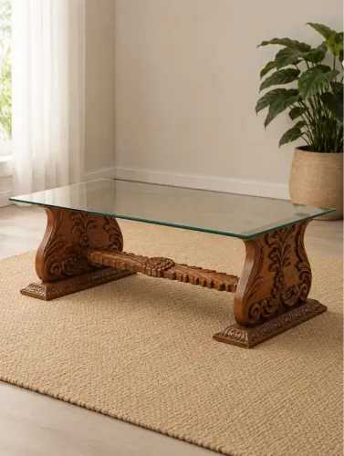 Mesa de Centro Estilo Clássico Madeira Entalhada Tampo Vidro