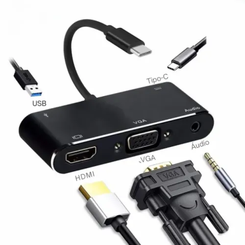 Adaptador Hub 5 Em 1 Tipo-c Para Hdmi Vga Usb 3.0 Usb-c P2 Áudio 3.5mm Lotus