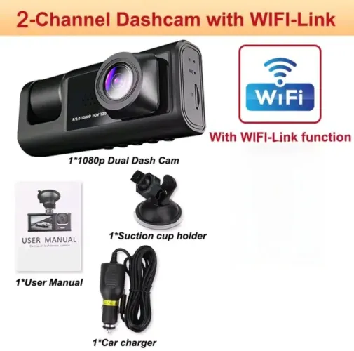 Dashcam 2-Channel com Wi-Fi e resolução Full HD
