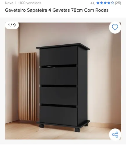 Gaveteiro Preto com Rodas - 4 Gavetas